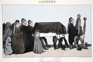 Pohřbívání lidu, ilustrace z knihy "Londýn" od Henriho Monniera, vyd. Paříž, asi 1828 (ručně kolorovaná litografie)