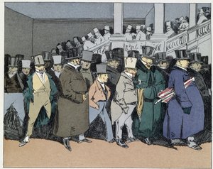 Čtyři hodiny: zaměstnanci odcházejí, do dalšího dne zapomenuti na jakoukoli byrokratickou záležitost – v „“Mores Administratives“ od Henriho Monniera od Henri Bonaventure Monnier