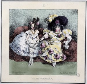 Ošklivé ženy dělající "tapisérii"" sedící v obývacím pokoji - v "" Parisiennes" od Henriho Monniera, ed. Delpech, Paříž