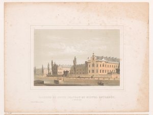 Pohled na kasárna Klein Kasteeltje a nový sklad v Bruselu Caserne du petit chateau et nouvel entrepôt, Brusel (název na objektu)