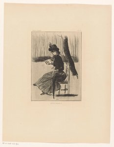 Žena s knihou a deštníkem na židli venku Petits Croquis 5 (název na objektu) od Henri Boutet