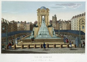 Fontána neviňátek, kolem roku 1820 – v „Pohledech na Paříž““ od Courvoisiera 1827 od Henri Courvoisier-Voisin
