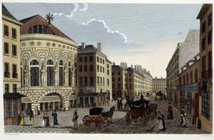 Divadlo Opery Comique, kolem roku 1820 v „Pohledech na Paříž““ od Courvoisiera 1827