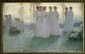 V neděli, Žena oblečená v bílém mluví v zahradě - Obraz Henri Eugene (Henri-Eugene) Le Sidaner (1862-1939) od Henri Eugene Augustin Le Sidaner