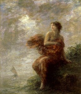 Ariane. Dívá se, jak Theseeho loď odplouvá do dálky, a zůstává sama, opuštěná. Obraz Henriho Fantina-Latoura (Fantin Latour