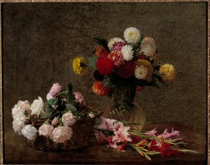 Jiřiny a růže v košíku Obraz Henri Fantin Latour (Fantin-Latour od Ignace Henri Jean Fantin Latour