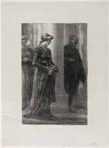 Mistři pěvci z Norimberku, dějství I: Setkání Walther a Eva od Ignace Henri Jean Fantin Latour
