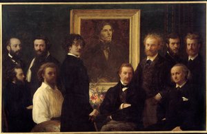 Pocta Eugenu Delacroixovi. Zastoupenými postavami jsou Louis Edmond Duranty (muž), James Abbott Mac Neill Whistler (malíř), Champfleury, Jules Husson (muž), Edouard Manet, Charles Baudelaire, Louis Cordier, Alphonse Legros (pai od Ignace Henri Jean Fantin Latour