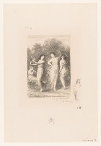 Čtyři mladé ženy tančí a tvoří hudbu Le jeune malade Básně André Chénier (název série) Ilustrace pour les Poésies d