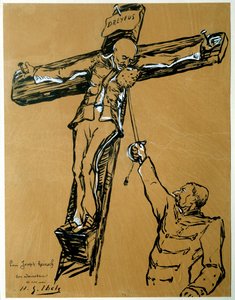 Satira na Dreyfusovu aféru: „“ Kapitán Dreyfus a generál Mercier (1833-1921): ministr války, který Dreyfuse odsoudil, místo římského vojáka natahuje houbu na ukřižování kapitána Dreyfuse, aby si otřel obličej““ “Čínský inkoust a kvaš od Henri Gabriel Ibels