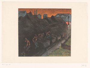 Čtyři horníci nakládají uhlí do vozíků Au parc de charbon Představení Théâtre Libre (název seriálu) Les Programs du Théâtre Libre (název série) od Henri Gabriel Ibels