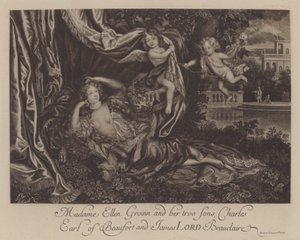 Nell Gwyn a její dva synové, Charles, hrabě z Burfordu, a James, Lord Beauclerk (rytina)