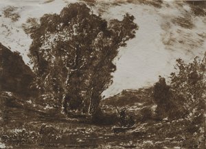 Dva lodníci v bažině poblíž shluku stromů, c. 1857.
