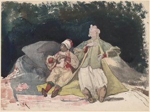 Dvě panenky nebo loutky sedící na polštářích od Henri-Joseph Harpignies