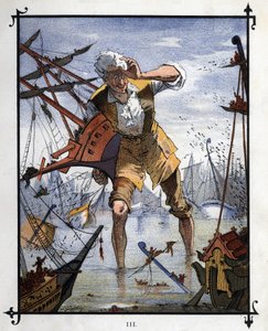 Lemuel Gulliver v centru námořní bitvy mezi loděmi Lilliput a Blefuscu. Ilustrace pro „“ Gulliver