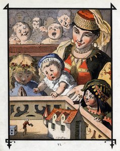 Lemuel Gulliver v zemi obrů Brobdingnag je kuriozitou pro děti. Ilustrace pro „“ Gulliver