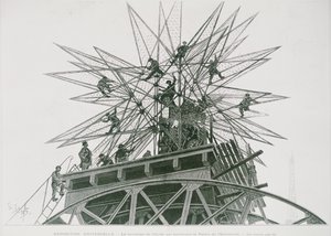 Univerzální expozice z roku 1900: Instalace hvězdy na vrcholu Paláce elektřiny (rytina)