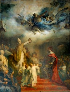 Papež Leon III korunuje Karla Velikého císařem Západu u svatého Petra Římského v roce osm set na Štědrý den. Obraz Henry Leopold Levy (1840-1904)