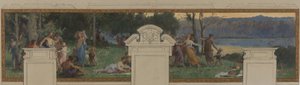 Skica radnice v Pantinu: Alegorie kanálu Ourcq, práce a plavby - Fête champêtre (stropní a nástěnný panel)