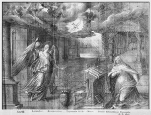 Život Krista, Zvěstování, přípravné studium kreslené tapisérie pro kostel Saint-Merri v Paříži, kolem 1585-90 (pierre noire und wash a bílé zvýraznění na papíře)