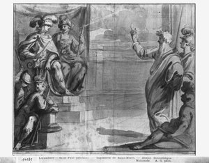 Život Krista, kázání sv. Pavla, přípravné studium kreslené tapisérie pro kostel Saint-Merri v Paříži, kolem 1585-90 (pierre noire und wash a bílé zvýraznění na papíře) od Henri Lerambert