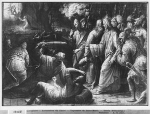 Život Krista, zatčení Krista, přípravná studie kresleného gobelínového filmu pro kostel Saint-Merri v Paříži, kolem 1585-90 (pierre noire und wash a bílé zvýraznění na papíře) od Henri Lerambert