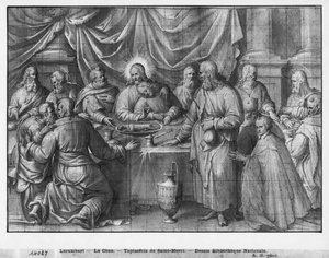 Život Krista, poslední večeře, přípravná studie kresleného gobelínového filmu pro kostel Saint-Merri v Paříži, kolem 1585-90 (pierre noire und wash a bílé zvýraznění na papíře)