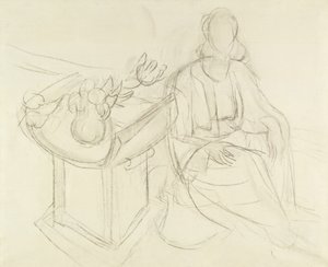 Sedící žena - zátiší s květinami na stole (uhel na plátně) od Henri Matisse