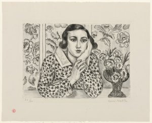 Mladá dívka opřená o květovanou zástěnu od Henri Matisse
