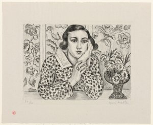 Mladá dívka opírající se o paraván s květinovým vzorem od Henri Matisse
