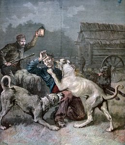 Zločinec napadený třemi velkými psy, 1891 od Henri Meyer