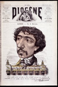 Karikatura Charlese Garniera, sedícího na svém díle, Opera Garnier - v „“ Diogenes““ z 2.11.1867 od Henri Meyer