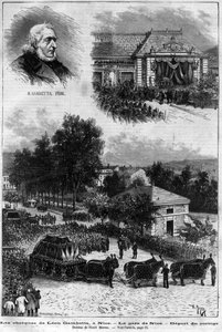 Smrt Leona Gambetty (1838-1882) Francouzský politik - Pohřeb Leona Gambetty v Nice - Nádraží v Nice - odjezd průvodu - v „Le journal illustrious““ z roku 1883 - Kresba Henri Meyer (1844-1899) od Henri Meyer