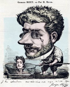 Georges Bizet (1838-1875), francouzský skladatel - karikatura, s autogramem od Bizeta, Henri Meyer dit Reyem (1844-1899) pro „“Diogene““ od Henri Meyer