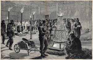 Noční přístřešek Paláce svobodných umění na Champs de Mars v roce 1891 - Kresba Henri Meyer, rytina Navellier v „Le journal illustrious““ z roku 1891 od Henri Meyer