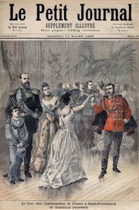 Car Alexander III u velvyslance Francie hraběte z Montebella v Petrohradě v roce 1893. Čestná mřížka. Obal Le Petit Journal 1893 (gravírování) od Henri Meyer