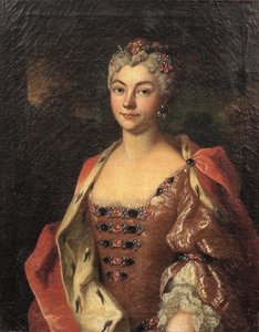 Portrét šlechtičny v polovině těla, v růžových šatech a erminem zdobeném rouchu. od Henri Millot
