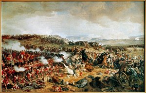 Bitva u Waterloo 1815 - francouzští kyrysníci útočí na skotské horaly na náměstí... (malba na plátně)