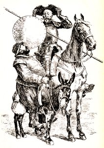 Don Quijote na koni vedle Sancha na oslu.