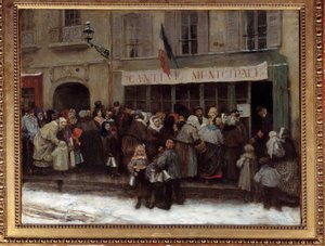 Městská jídelna během obléhání Paříže v roce 1870 Pařížané v době obléhání města Prusy spěchají před městskou jídelnou. Obraz Henri Pille (1844-1897)