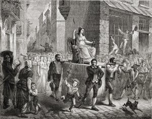 Průvod bohyně rozumu, 10. listopadu 1793, z „Histoire de la Revolution Francaise“ od Louise Blanca (1811-82), vyryl Meyer-Heine, 1847-62 od Henri Renaud