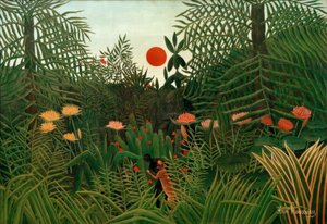 Panenský les při zapadajícím slunci. Černý napaden leopou od Henri Rousseau
