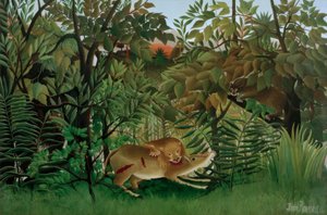 Lev má hlad a vrhne se na antilopu. od Henri Rousseau