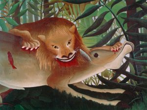 Lev, hladový, se vrhne na antilopu od Henri Rousseau