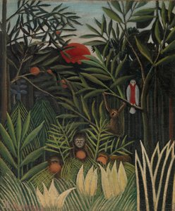 Opice a papoušek ve Virgin Forest od Henri Rousseau