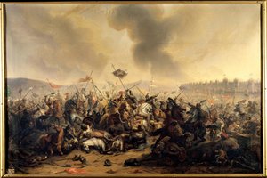 Bitva, kterou spáchal sultán Kilij-Arslan proti křižákům obléhajícím město Nicaea v roce 1097. Obraz od Henri Serrur