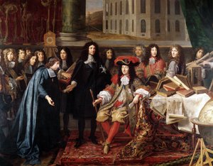 Jean-Baptiste Colbert představuje členy Královské akademie věd Ludvíku XIV., detail, asi 1667 (olej na plátně)