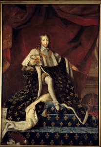 Ludvíkovi XIV. bylo 10 let (1638-1715), zastoupen v roce 1648 na svém trůnu ve velkém královském plášti, ochránce Královské akademie malířství a sochařství, obklopený atributy vědy a umění. Obraz Henriho Testelina (1616 - 1695) (h s/t 2.