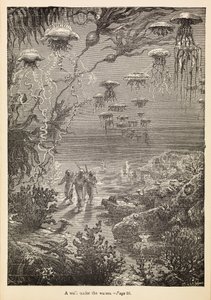 "Procházka pod vodou" z filmu "20 000 mil pod mořem", asi 1870 (rytina)