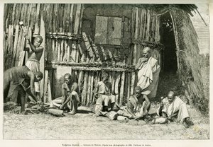 Habešští kováři. Rytina Thiriata po fotografii pro ilustraci příběhu Voyage au Choa (Abyssinie meridionale) od Henri Thiriat